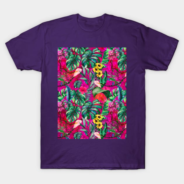 Cute tropical floral leaves botanical illustration, tropical plants,leaves and flowers, hot pink fuchsia leaves pattern T-Shirt by Zeinab taha